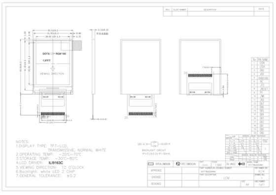 Medical Equipment TFT LCD Display 1.77 Inch 128x160 with 13pin/14pin/20pin Interface