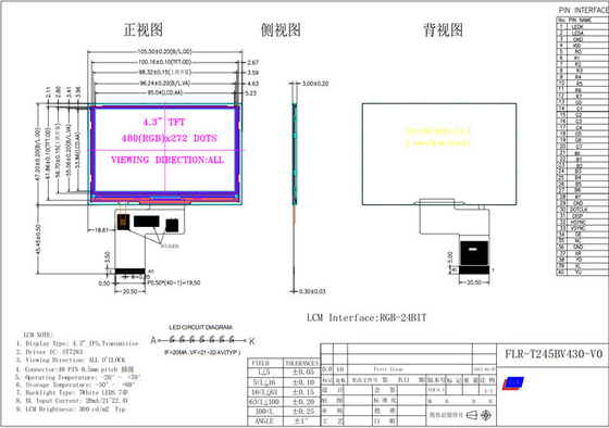 4.3 inch 480*272 TFT LCD Display IPS Screen Driver IC ST7283 40pin RGB