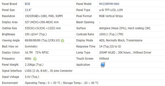 MV238FHM N60 TFT LCD Monitor 23.8 Inch Touch Screen Module 1920 X 1080
