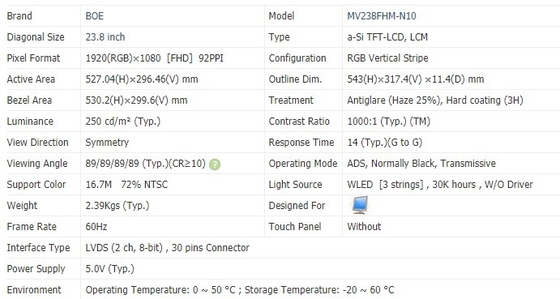 23.8 Inch IPS TFT LCD Monitor 1920 X 1080 Tft Panel Display MV238FHM-N10/N30